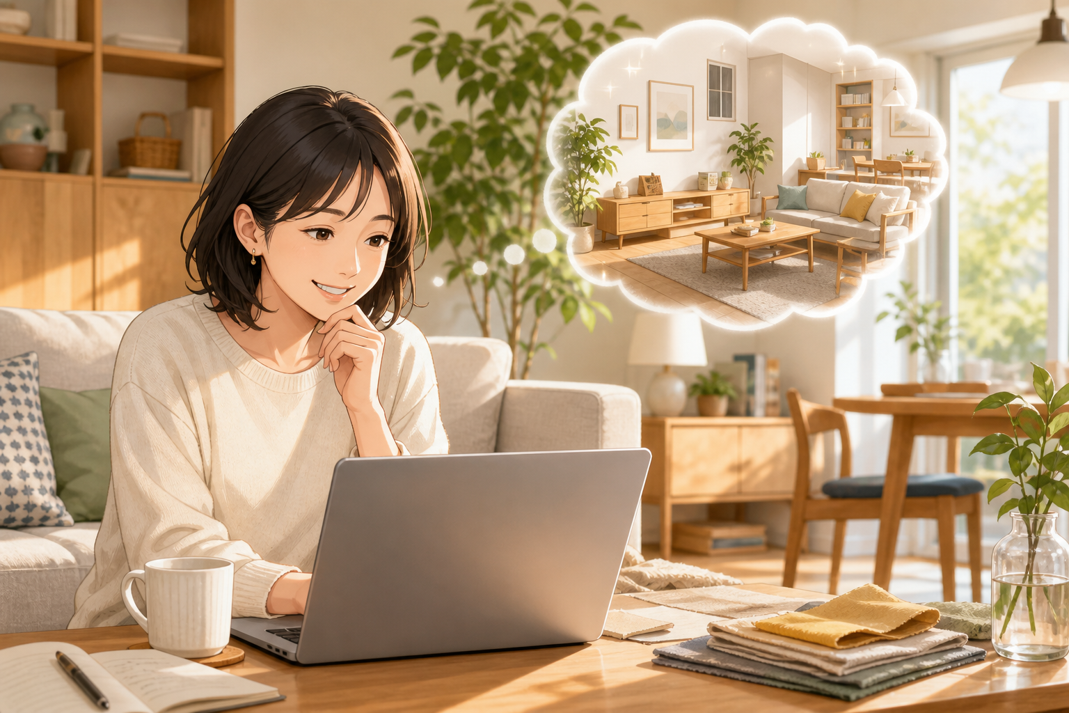 理想の北欧風リビングを思い描きながら家具を探す主人公