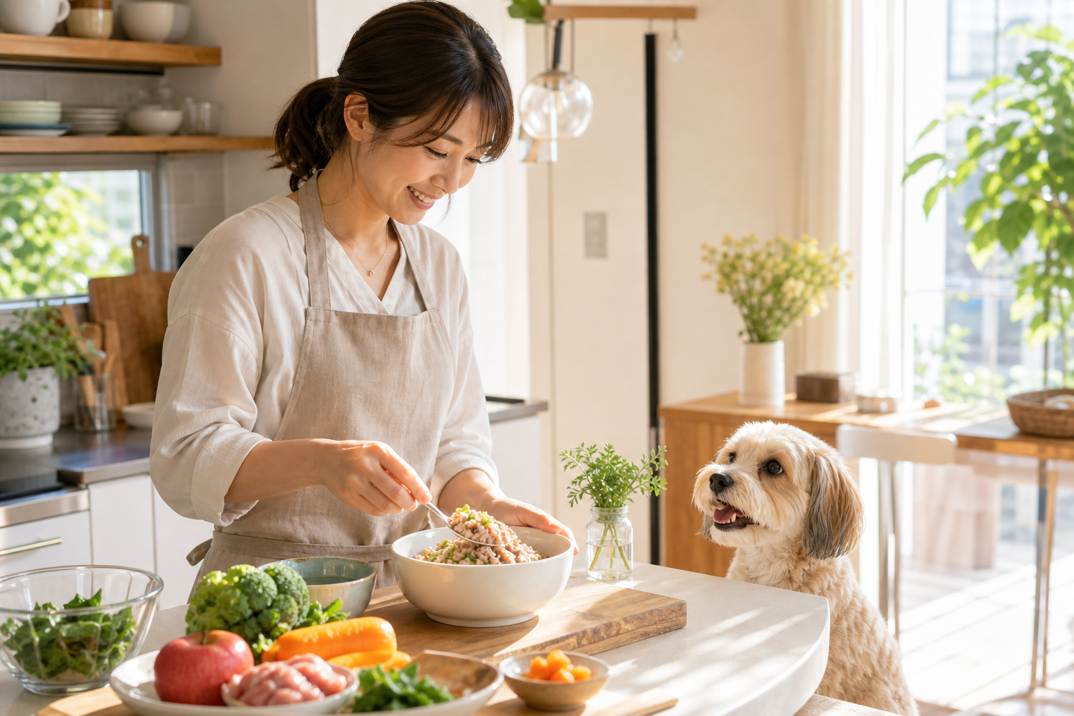 愛犬のための食事を安心して準備する飼い主