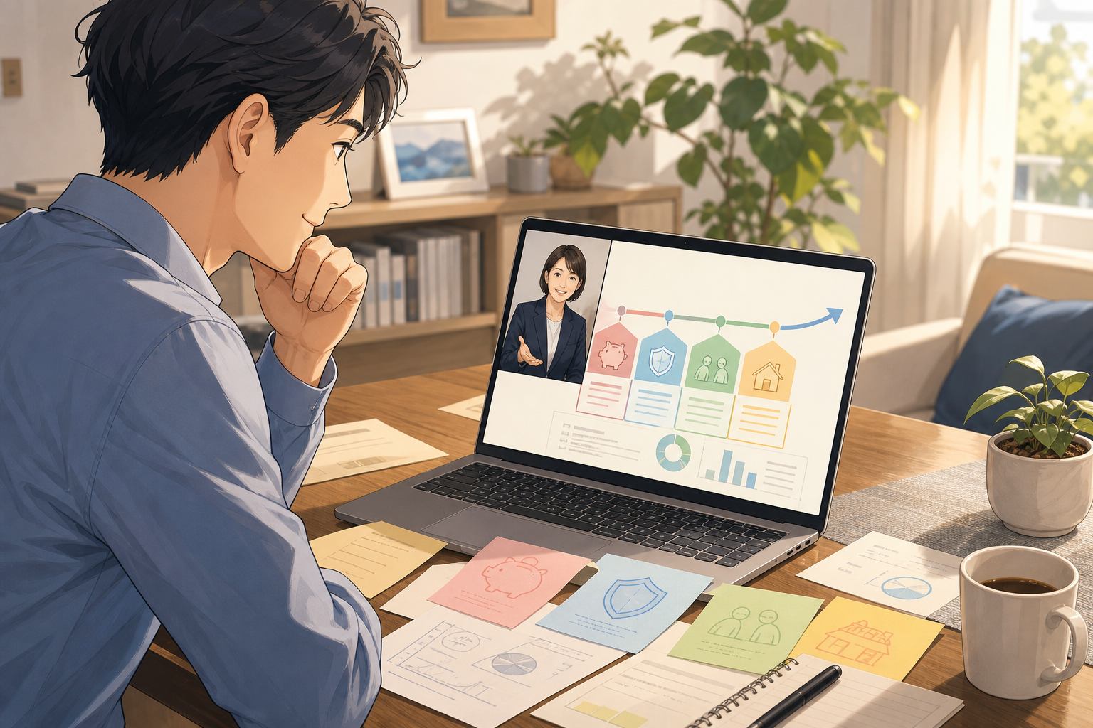 お金に関する情報を整理し将来の道筋を考える会社員
