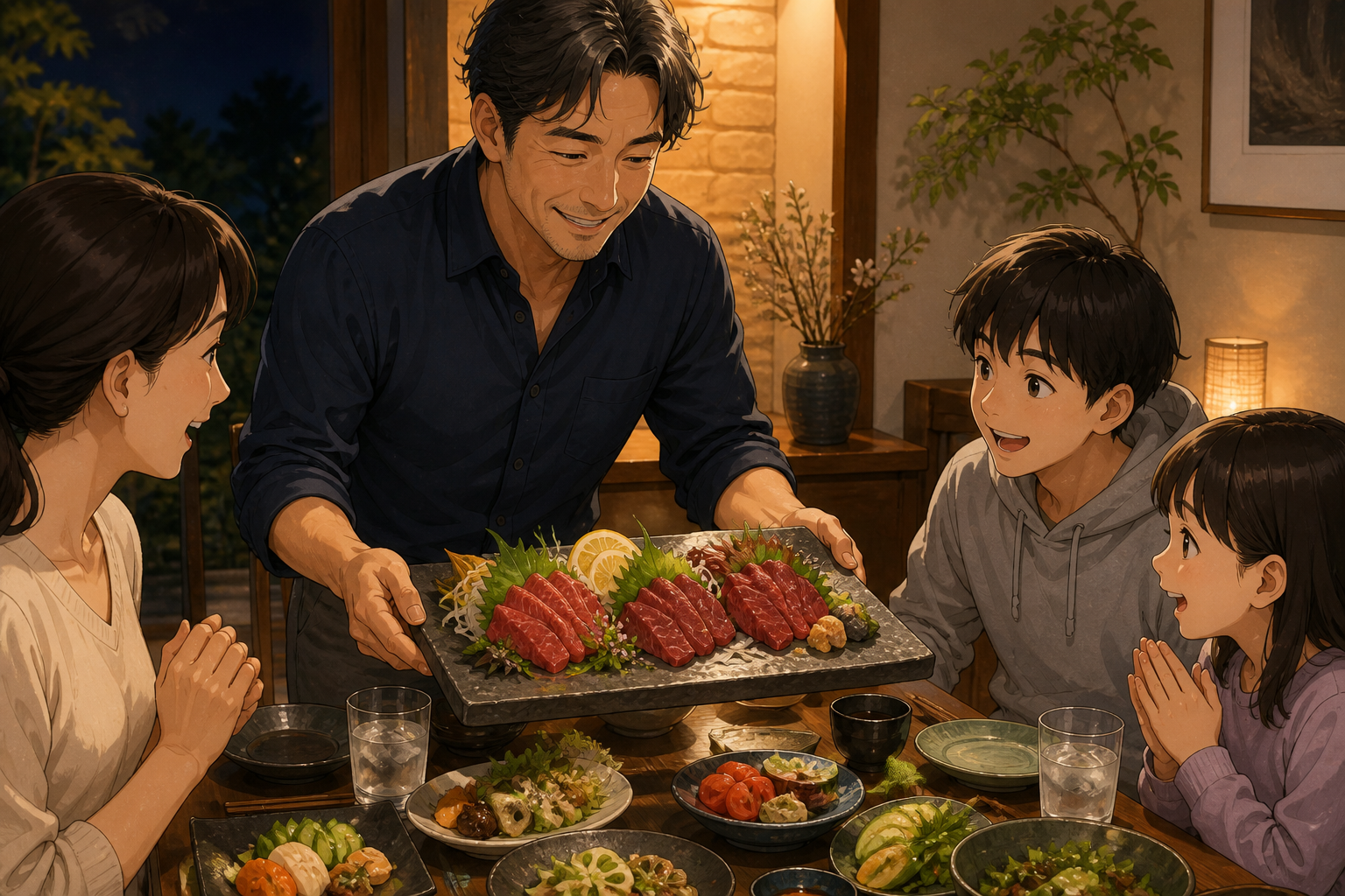 熊本の味を家族と安心して楽しむ主人公