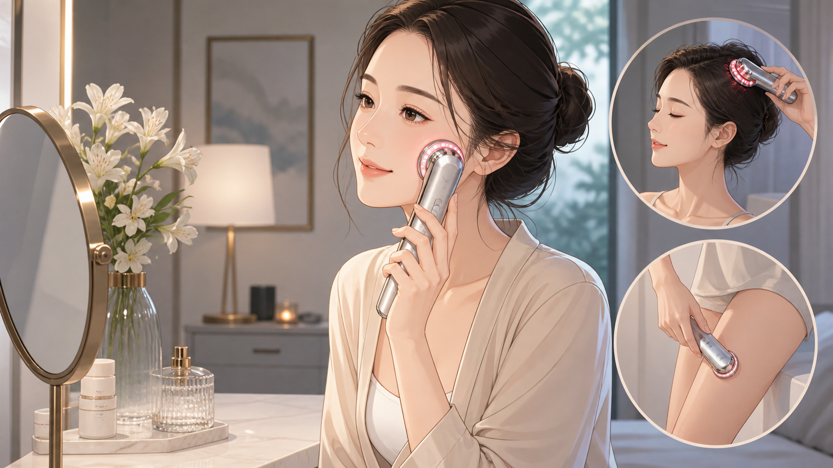 多機能美顔器でセルフケアする場面