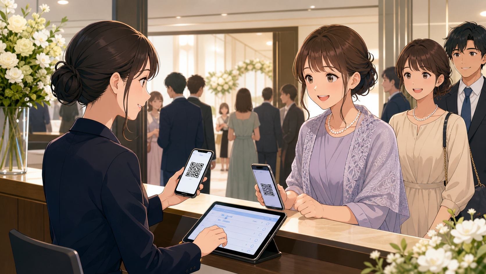 デジタル招待状で受付する場面