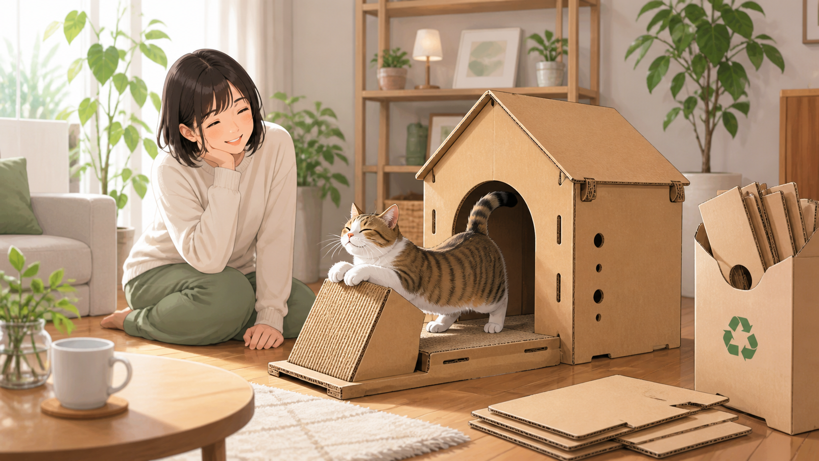段ボール製の猫用品を使う場面