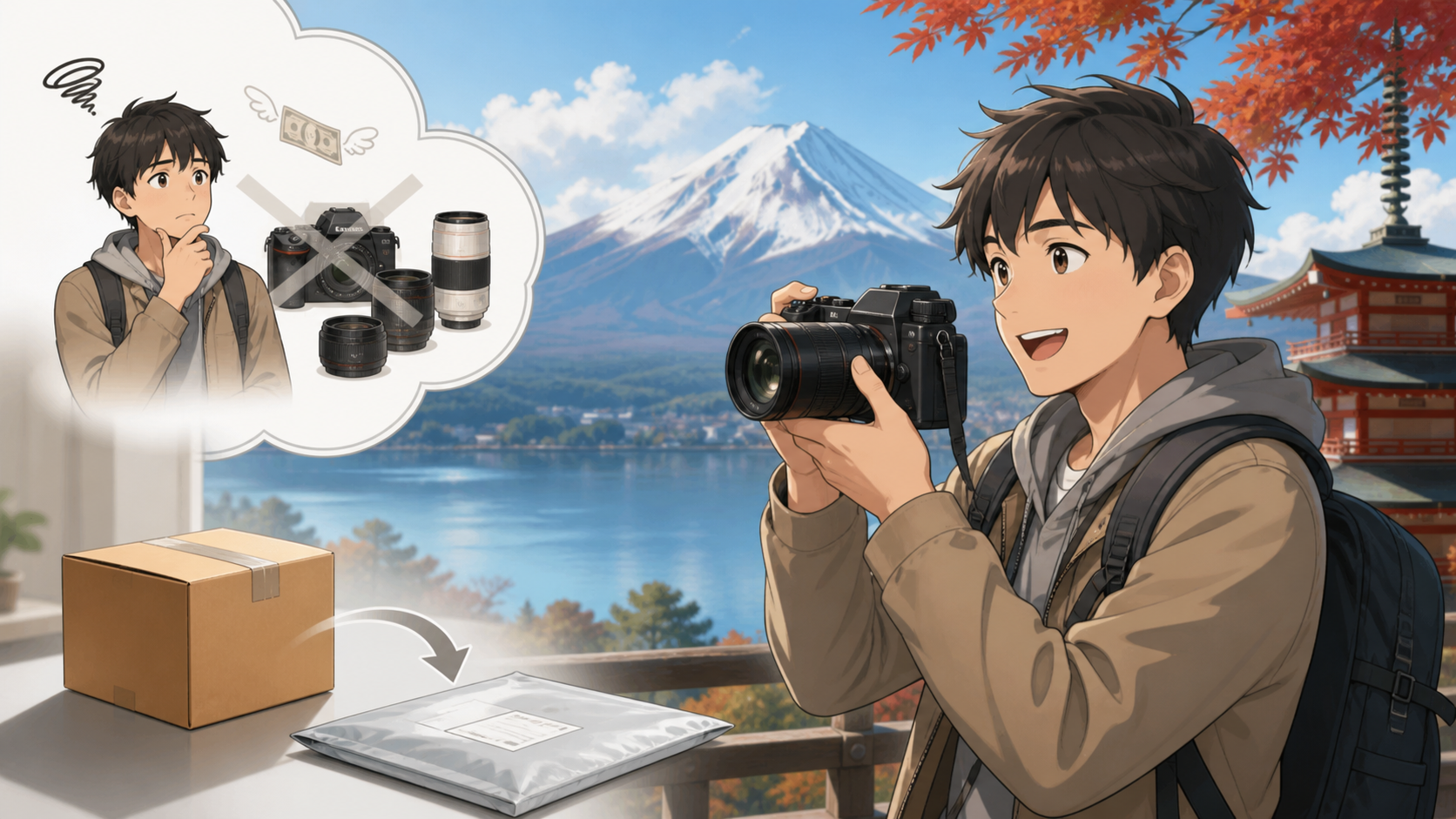 旅行先でレンタルカメラを使う場面