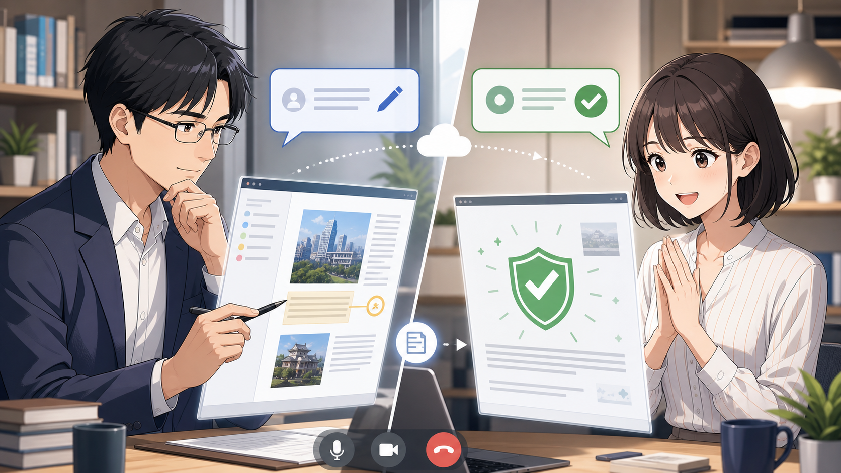 専門家が記事を監修する場面
